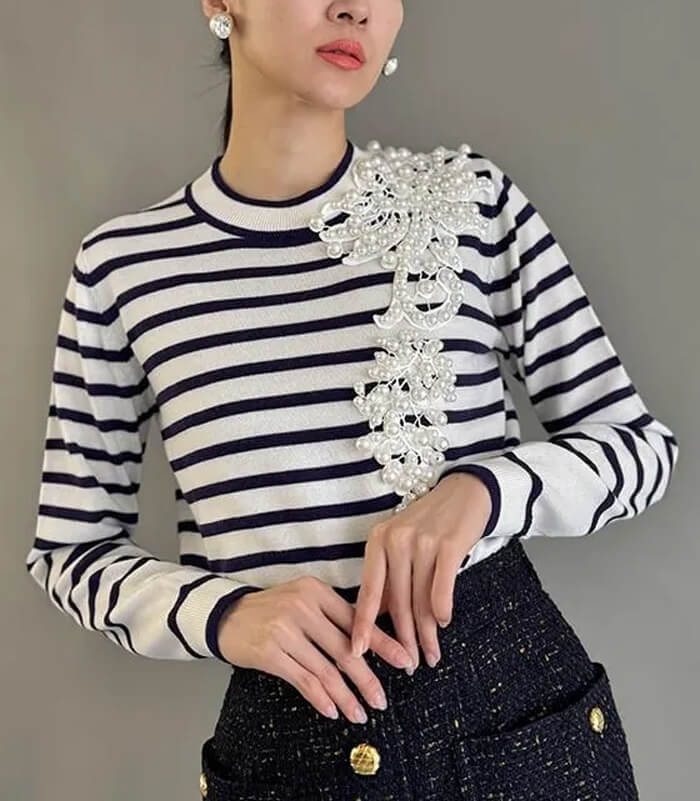 【Adonisis】パール刺繍ボーダーニット★250406