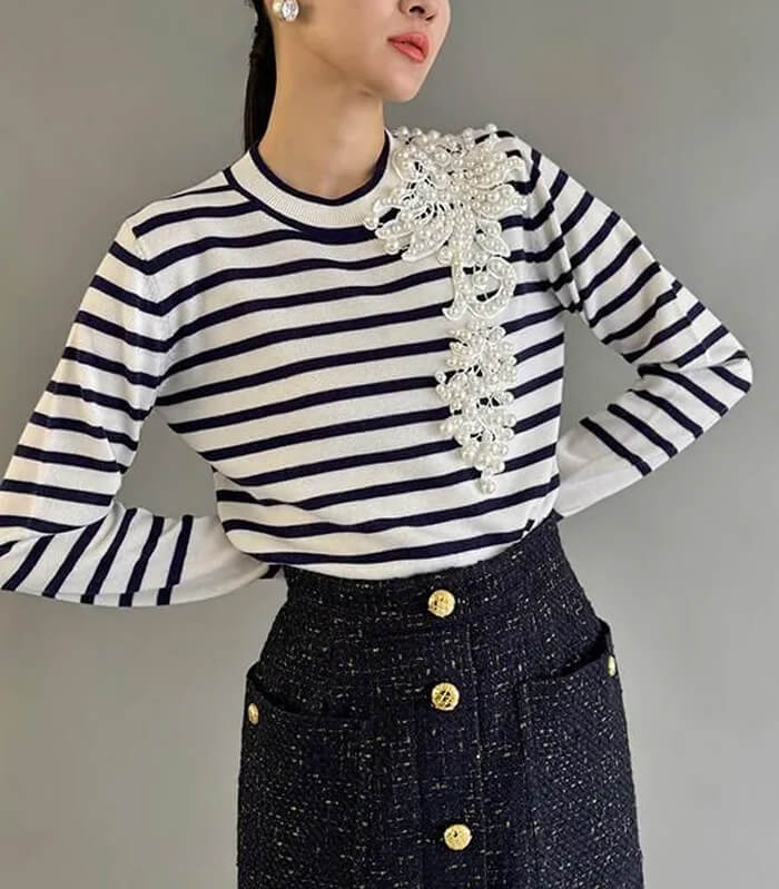 【Adonisis】パール刺繍ボーダーニット★250406