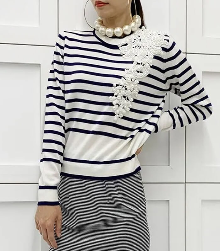 【Adonisis】パール刺繍ボーダーニット★250406