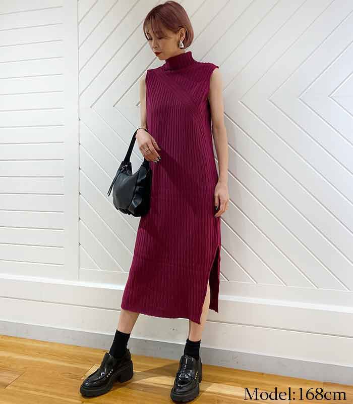タートルネックリブニット ロングワンピース タートルネック リブニットスリットロングワンピース[品番