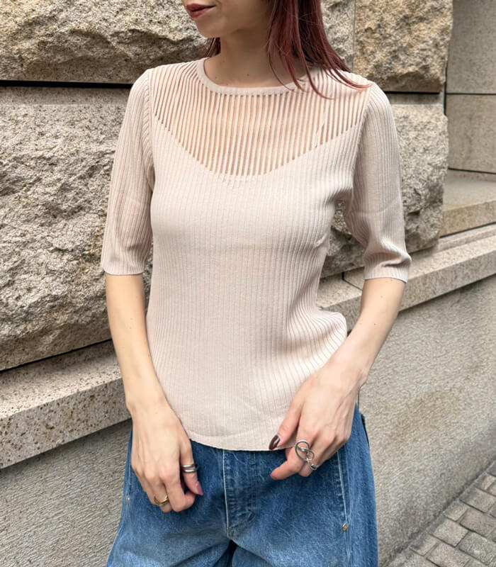 【RINASCIMENTO】デコルテ透け感リブニットTOPS★☆ITRIN12240