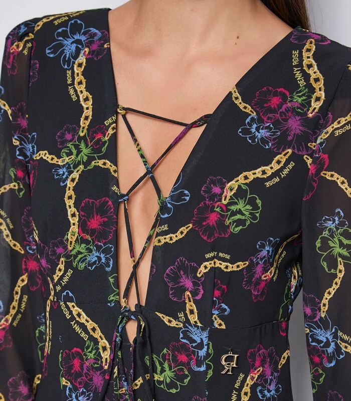 DENNY ROSE】チェーン&フラワープリントレースアップロング