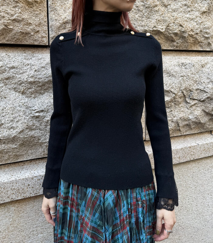 【SALE】【Desert Rose】ショルダーボタンレースレイヤードスリーブハイネックニット▼☆BDKT-80