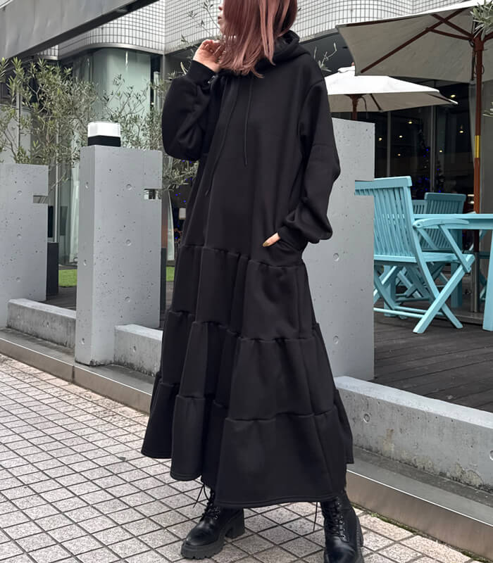 SALE】【DESERT ROSE】裏起毛ティアードフーディースェットワンピース