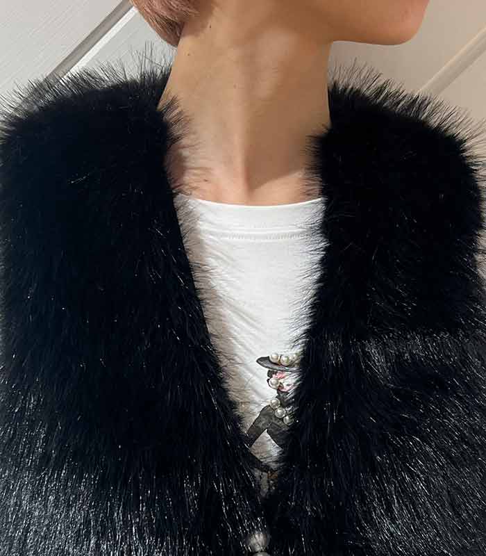 GALENA ファー ツイード ベスト ブラック GALENA ツイードコンビファー