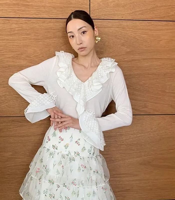 【Adonisis】シアードットフリルジャージーTOP★☆250320