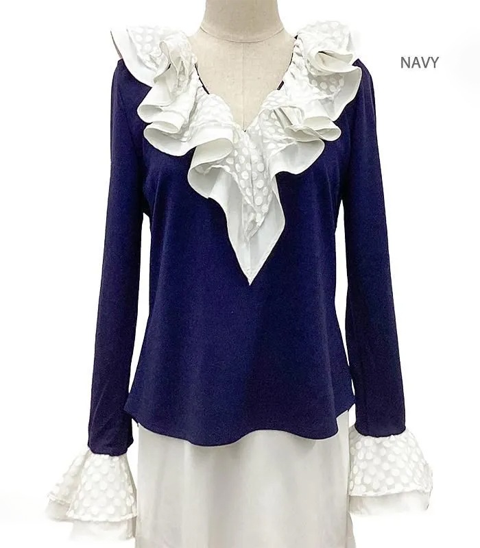 【Adonisis】シアードットフリルジャージーTOP★☆250320