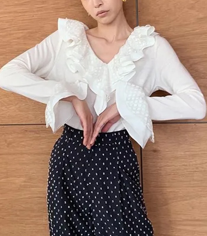 【Adonisis】シアードットフリルジャージーTOP★☆250320