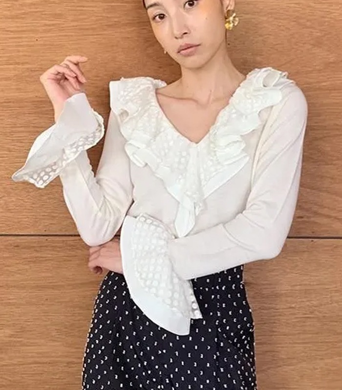 【Adonisis】シアードットフリルジャージーTOP★☆250320