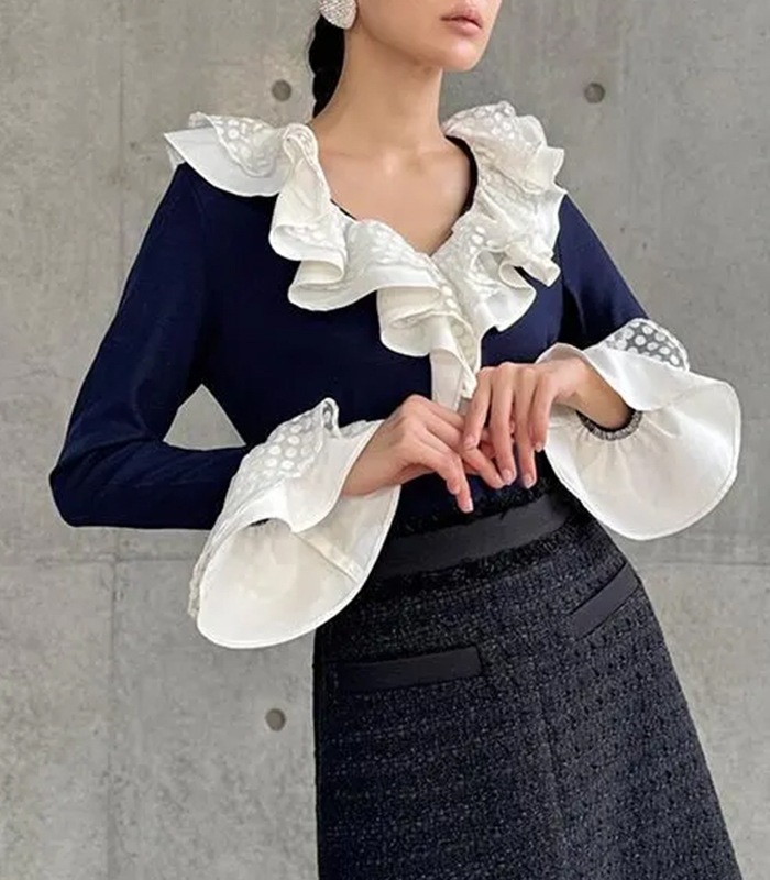 【Adonisis】シアードットフリルジャージーTOP★☆250320