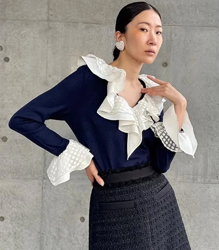 【Adonisis】シアードットフリルジャージーTOP★☆250320