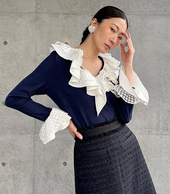 【Adonisis】シアードットフリルジャージーTOP★☆250320