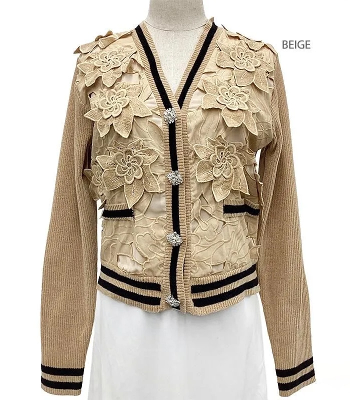 【Adonisis】フラワーモチーフレース&モールニットカーディガン★250313