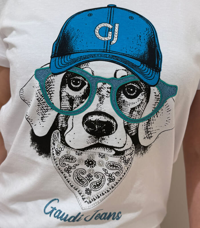 【GAUDI】ドッグプリントラインストーンTシャツ★☆IT611BD64071