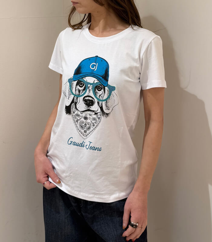 【GAUDI】ドッグプリントラインストーンTシャツ★☆IT611BD64071