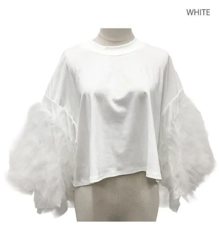 アドニシス　ホワイト チュール袖 ジャケット風トップス Adonisis】チュールマイクロフリルスリーブショートTS26213 | WEAR