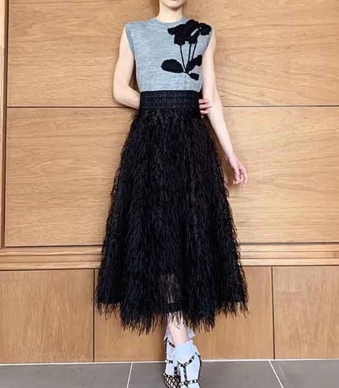 【Adonisis】オーストリッチフェザージャガードフレアスカート★250306