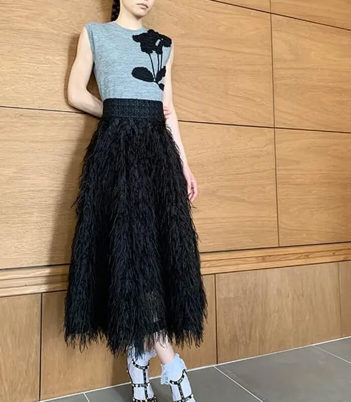 【Adonisis】オーストリッチフェザージャガードフレアスカート★250306