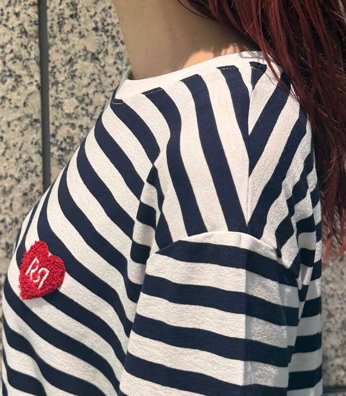 【新品】定価25,300円　レリアン　プリントボーダーTシャツ　ハート　13＋ SALE】【RINASCIMENTO】ブークレーハートワッペンボーダーTシャツ