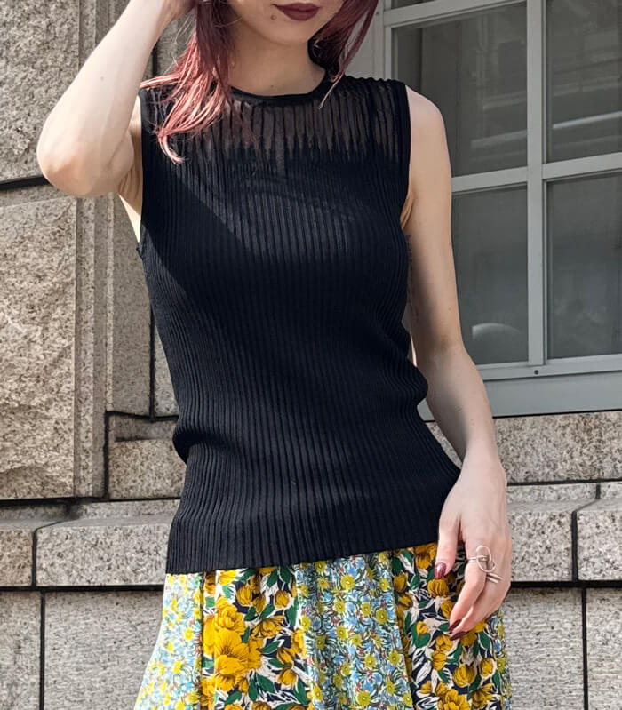 【RINASCIMENTO】デコルテ透け感ノースリリブニットTOPS★☆ITRIN12239
