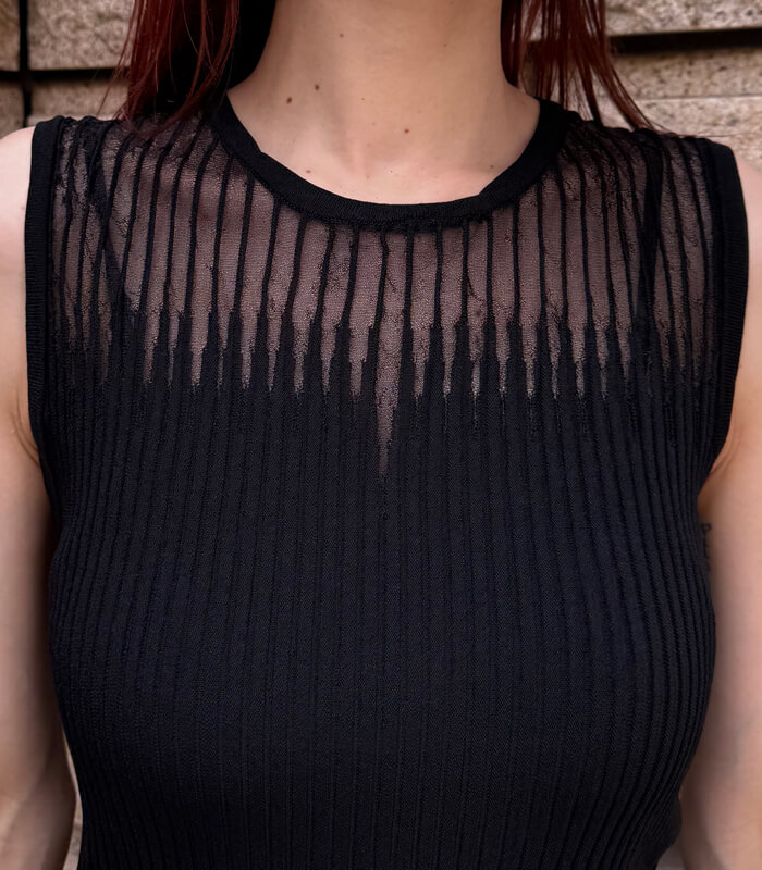 【RINASCIMENTO】デコルテ透け感ノースリリブニットTOPS★☆ITRIN12239