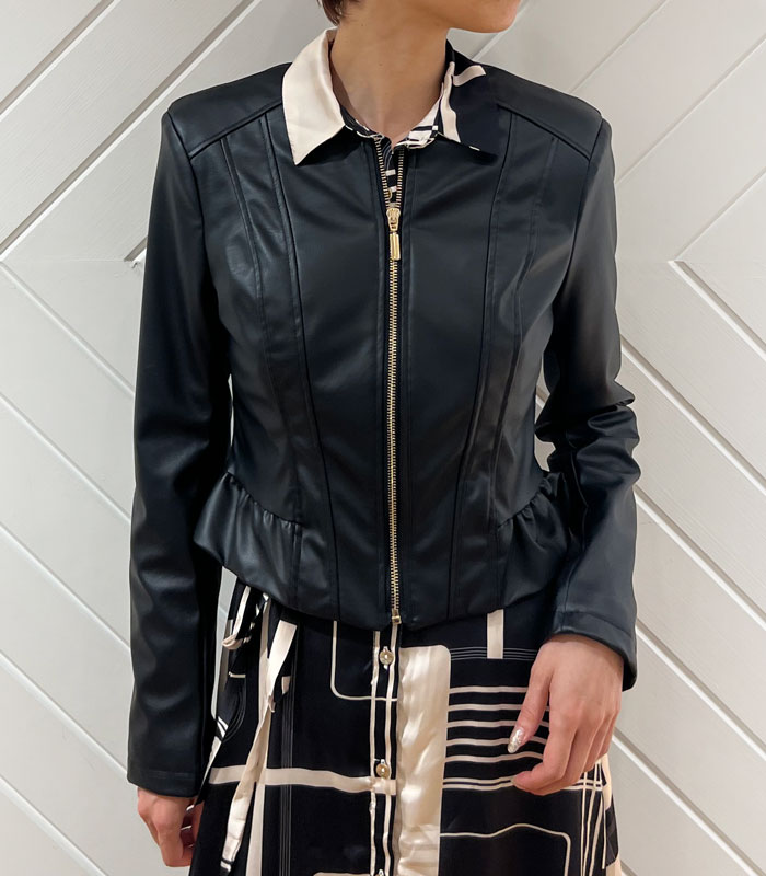 フェイクレザージャケット フリルSov. ノーカラージャケット