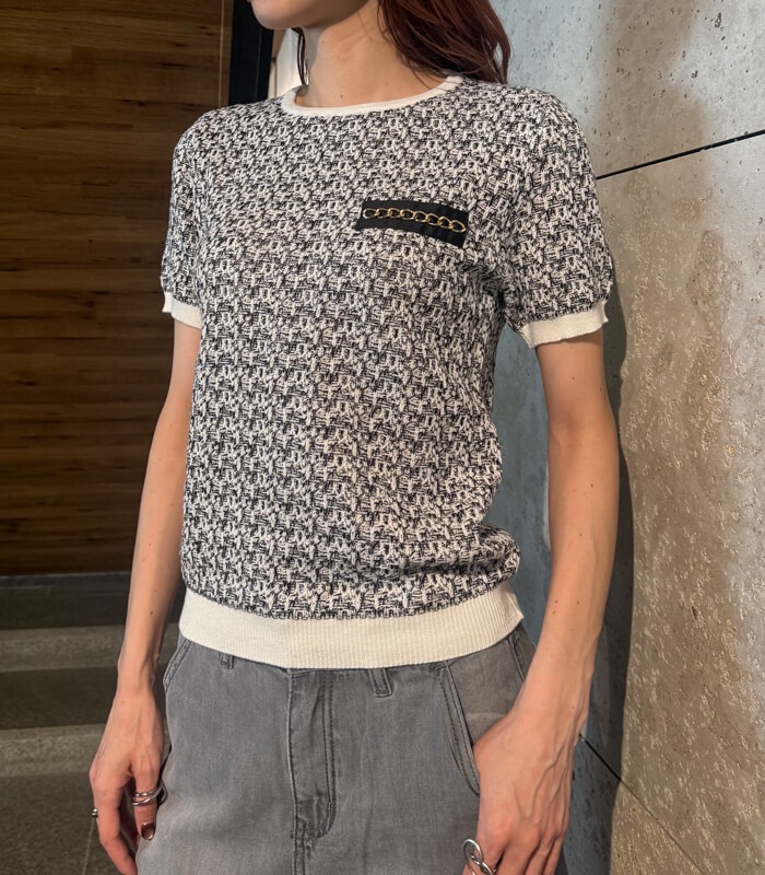 【RINASCIMENTO】胸元チェーンポイントMIXカラー半袖ニット★☆ITRIN12315A