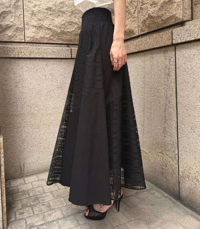 新品　MONiLE　モニーレ　フレア　ロング　スカート　ブラック MoNiLE】チェック&無地切替ロングスカート☆2961 | WEAR,スカート