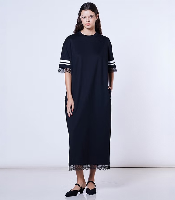 【DOUBLE STANDARD CLOTHING/ESSENTIAL】シングルジャージ袖ラインレースワンピース★☆0501-230-263