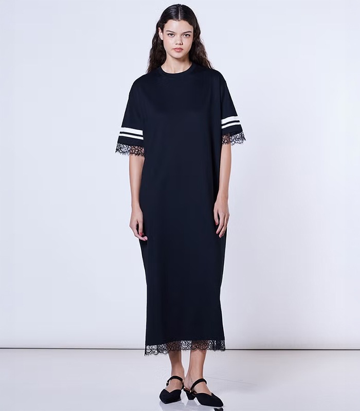 【DOUBLE STANDARD CLOTHING/ESSENTIAL】シングルジャージ袖ラインレースワンピース★☆0501-230-263