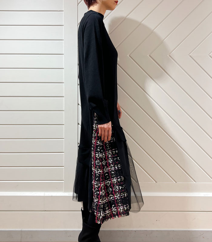 SALE】【Re.Verofonna】ツイード＆チュールニットワンピース
