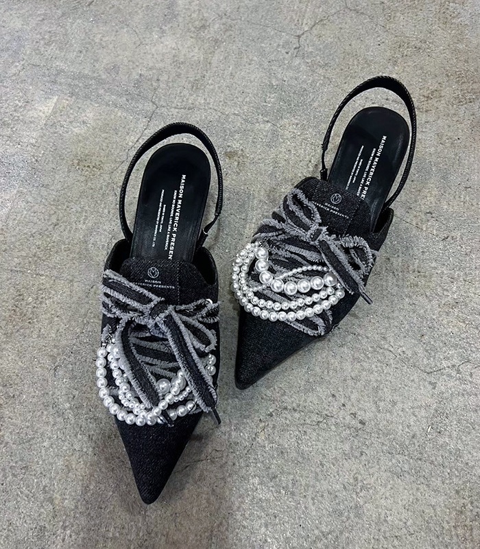 【SALE】【MAISON MAVERICK PRESENTS】パールデニム素材レ-スアップスリングバックパンプス▼☆MS2512