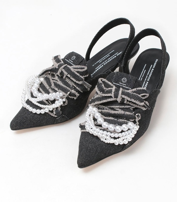 【SALE】【MAISON MAVERICK PRESENTS】パールデニム素材レ-スアップスリングバックパンプス▼☆MS2512