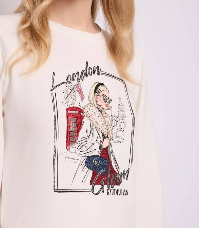 【GAUDI】ラインストーンロンドンガールグラフィックTシャツ★☆IT621BD64013