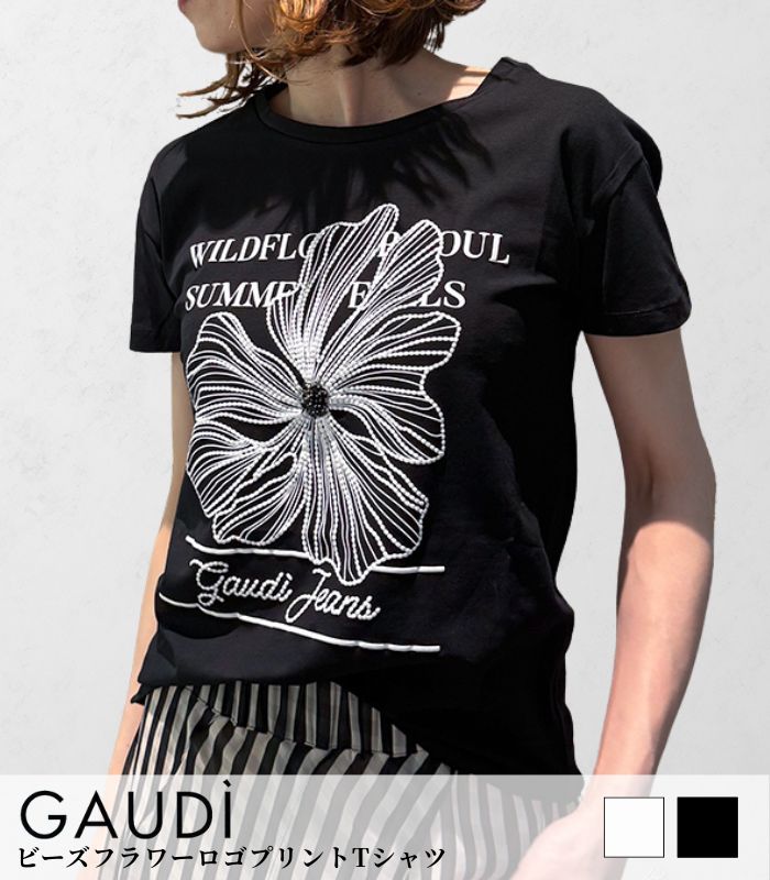 【GAUDI】ビーズフラワーロゴプリントTシャツ★☆IT611BD64048