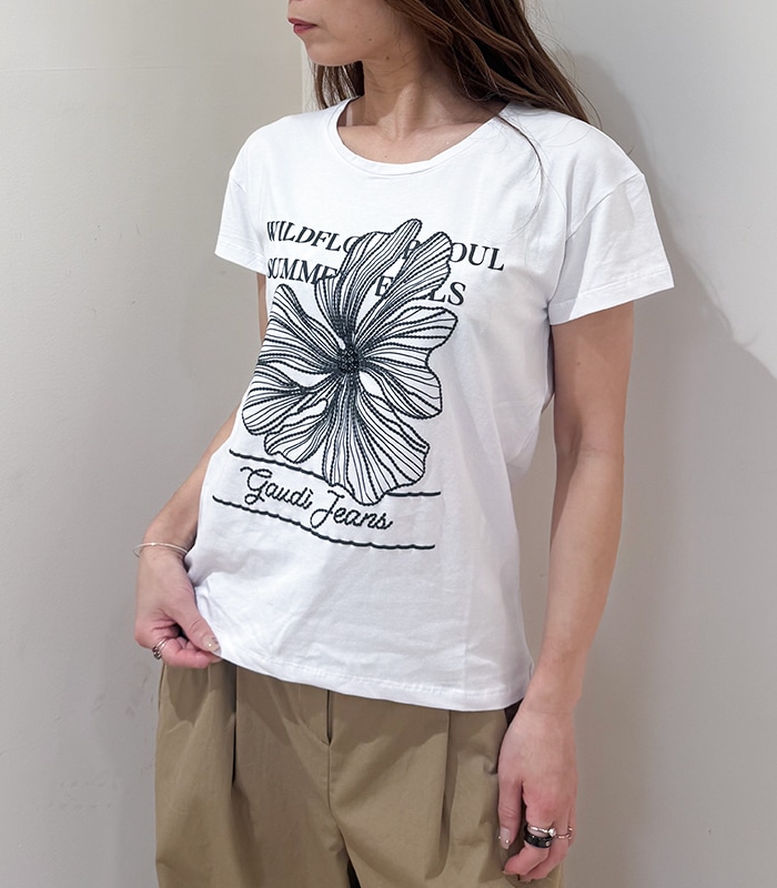 【GAUDI】ビーズフラワーロゴプリントTシャツ★☆IT611BD64048