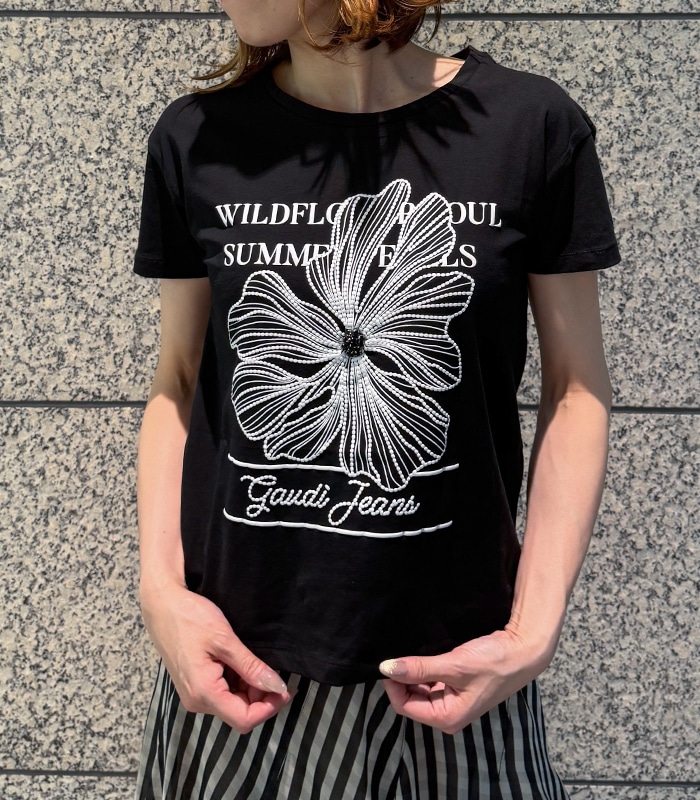【GAUDI】ビーズフラワーロゴプリントTシャツ★☆IT611BD64048
