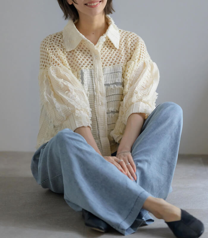 GALENA】メッシュフリルコンビブラウス70060-4154 | WEAR,トップス
