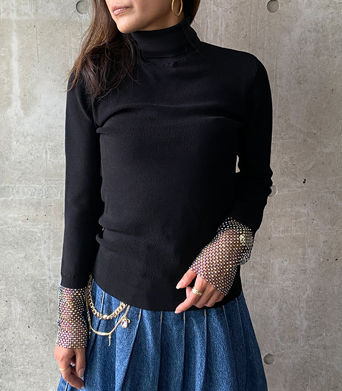 【SALE】【GAUDi】ラインストーンメッシュ切替タートルネックニット▼☆IT421FD53030