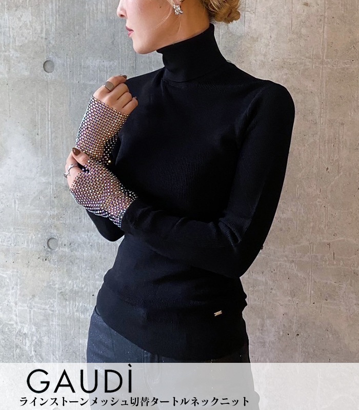 【SALE】【GAUDi】ラインストーンメッシュ切替タートルネックニット▼☆IT421FD53030