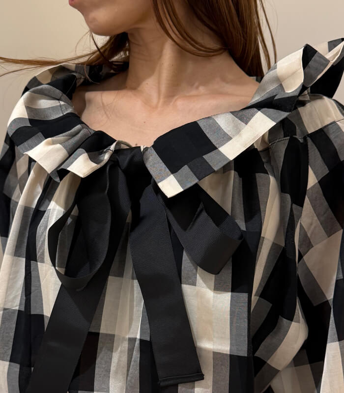 【PICCIN】ビッグカラーグログランリボンチェック柄ブラウス★☆150020
