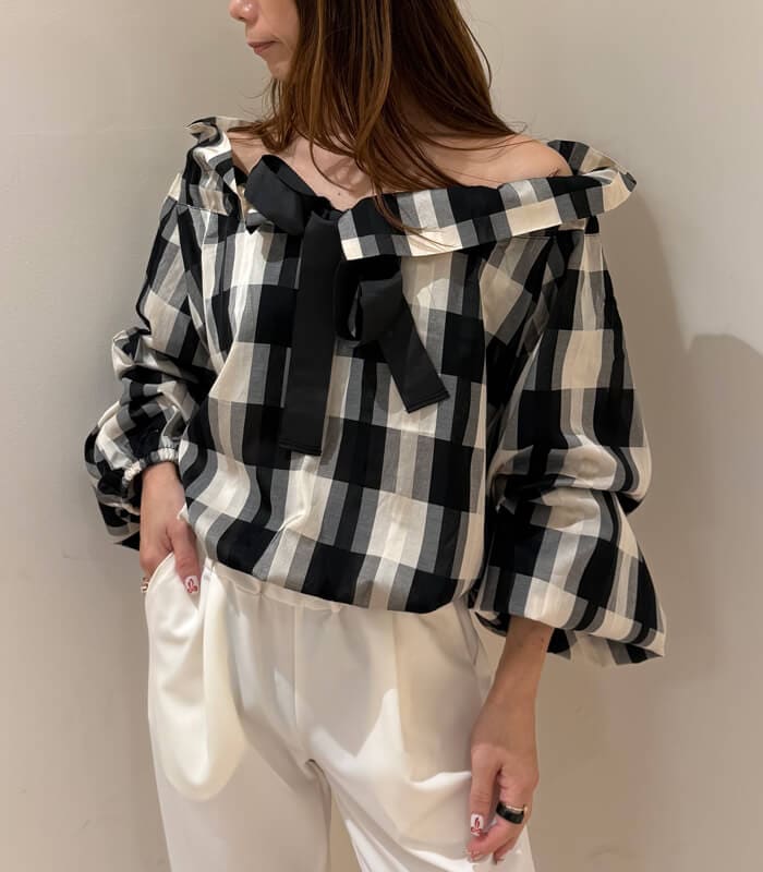 【PICCIN】ビッグカラーグログランリボンチェック柄ブラウス★☆150020