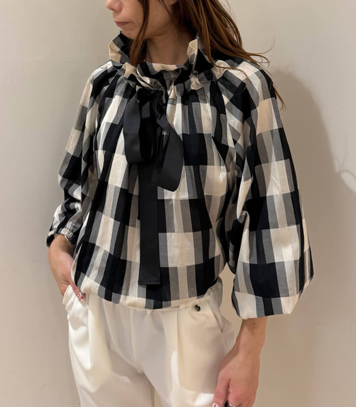 【PICCIN】ビッグカラーグログランリボンチェック柄ブラウス★☆150020