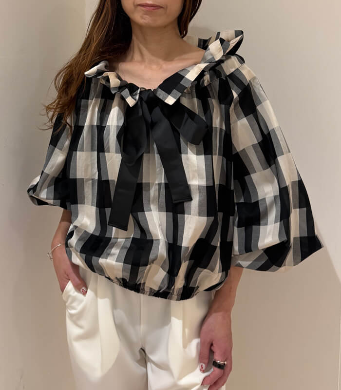 【PICCIN】ビッグカラーグログランリボンチェック柄ブラウス★☆150020