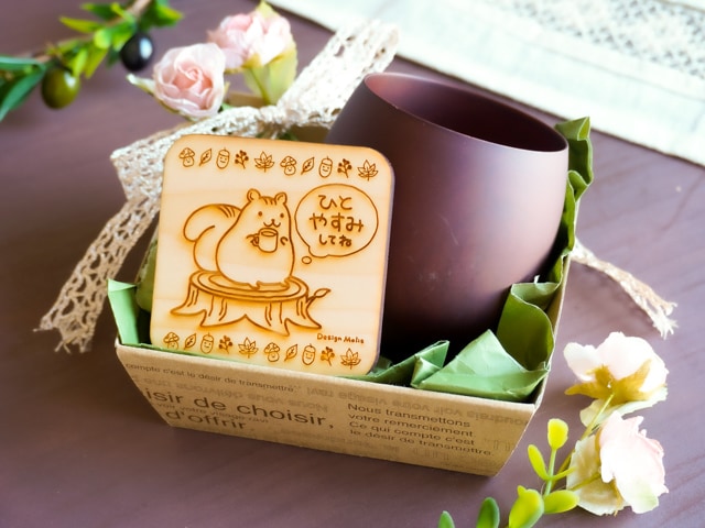 【ラッピング込み】木の湯のみとメッセージコースターギフトセット