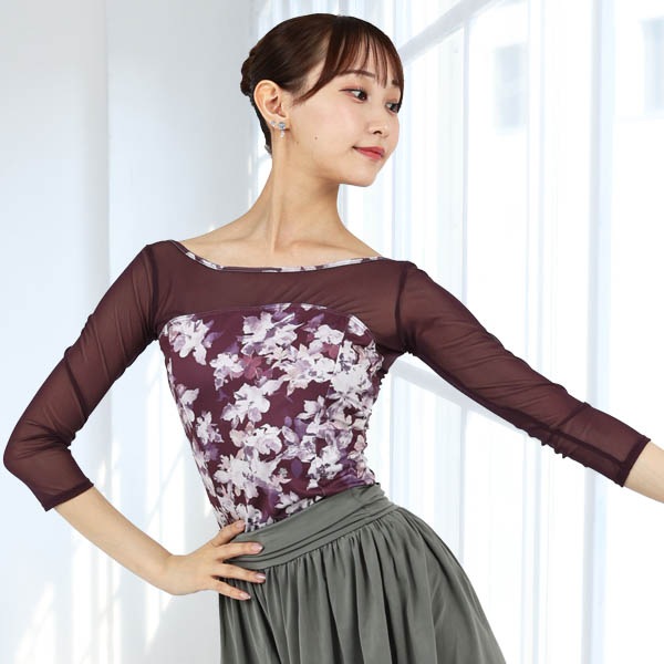 サラカラプリント7分袖レオタード モーブニュイ M サラカラプリント7分袖レオタード モーブニュイ M