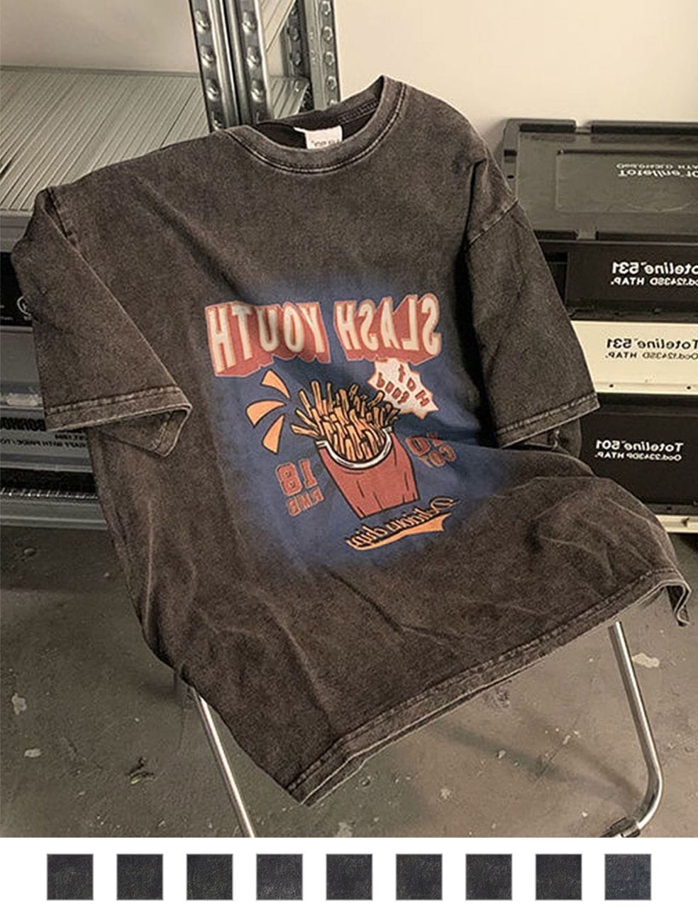 【 DEVICE select 】 ビッグシルエット ジャンキープリント ピグメント 半袖 Tシャツ 古着風 フライドポテト カレッジロゴ メンズ レディース ユニセックス