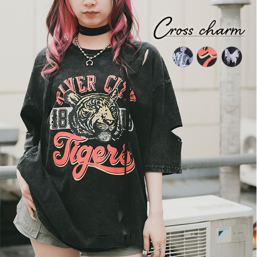 DEVICE select タイガープリント ダメージ加工 ピグメント 半袖 Tシャツ メンズ レディース