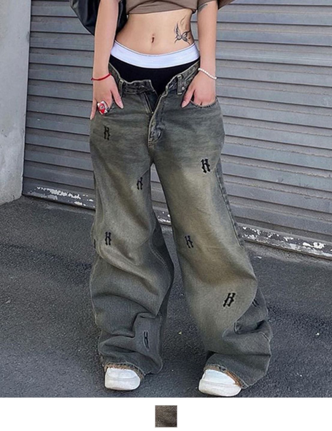 オーバーダイ 刺繍風 ヴィンテージ風 デニム 