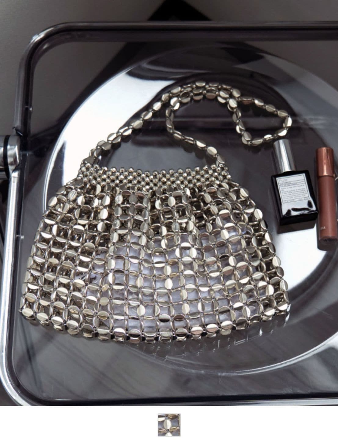 DEVICE select 】 メタルシルバー ビーズ ミニ ハンドバッグ キラキラ
